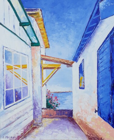 Painting titled "L'Herbe - Cap Ferret" by Catherine Meyza, Original Artwork, Oil Mounted on Wood Stretcher frame