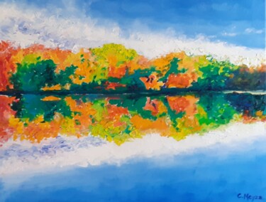 Painting titled "Impression d'automne" by Catherine Meyza, Original Artwork, Oil Mounted on Wood Stretcher frame