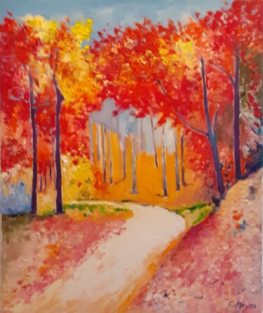 Peinture intitulée "Chemin d'automne" par Catherine Meyza, Œuvre d'art originale, Huile