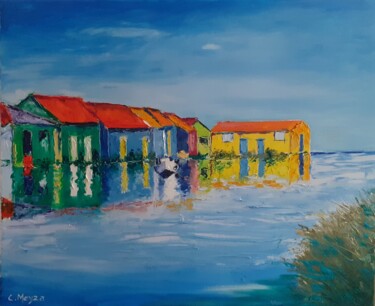 Painting titled "Maisons de pêcheurs" by Catherine Meyza, Original Artwork, Oil Mounted on Wood Stretcher frame