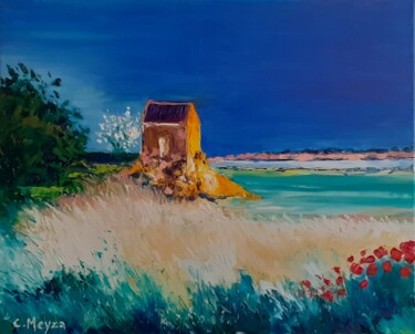 Painting titled "Maison jaune et coq…" by Catherine Meyza, Original Artwork, Oil Mounted on Wood Stretcher frame