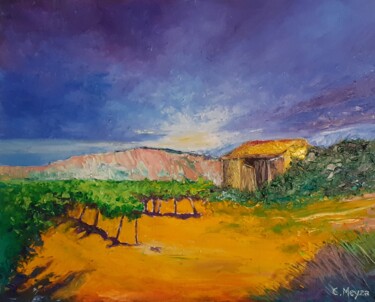 Painting titled "Cabanon provençal" by Catherine Meyza, Original Artwork, Oil Mounted on Wood Stretcher frame