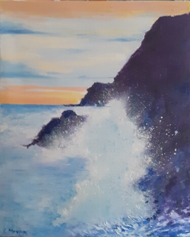Painting titled "La vague" by Catherine Meyza, Original Artwork, Oil Mounted on Wood Stretcher frame