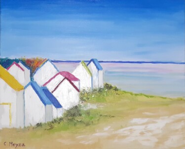 Картина под названием "Cabanes de plage à…" - Catherine Meyza, Подлинное произведение искусства, Масло Установлен на Деревян…