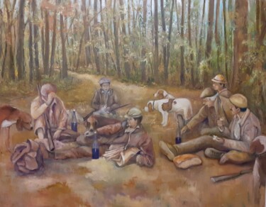 Painting titled "Après la chasse" by Catherine Michaëlis, Original Artwork, Oil Mounted on Wood Stretcher frame