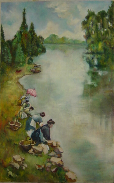 Картина под названием "Lavandieres" - Catherine Michaëlis, Подлинное произведение искусства, Масло Установлен на Деревянная…