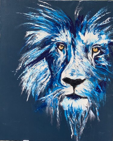Painting titled "le lion bleu" by Catherine Philippe, Original Artwork, Oil