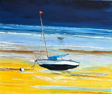 Painting titled "A Marée basse" by Catherine Philippe, Original Artwork, Oil Mounted on Wood Stretcher frame