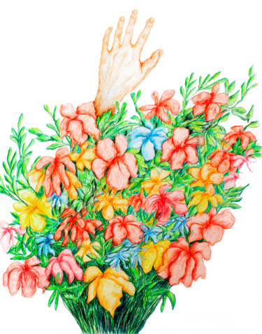 Dessin intitulée "Le bouquet éclos" par Catherine Pouplain, Œuvre d'art originale, Crayon