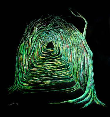 Dibujo titulada "Chemin (nuit)" por Catherine Pouplain, Obra de arte original, Lápiz