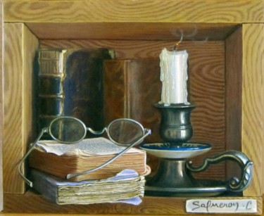 Painting titled "Bougeoir et livres" by Catherine Salmeron, Original Artwork, Oil