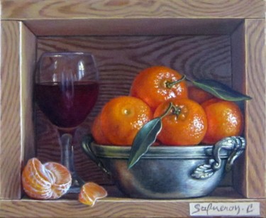 Schilderij getiteld "mandarines et verre" door Catherine Salmeron, Origineel Kunstwerk, Olie