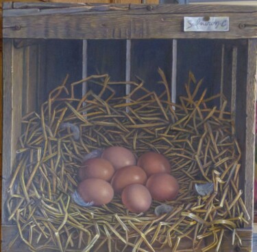 Schilderij getiteld "Les œufs" door Catherine Salmeron, Origineel Kunstwerk, Olie Gemonteerd op Frame voor houten brancard