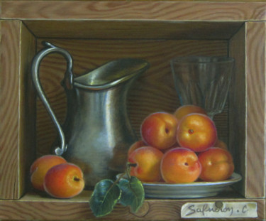 Painting titled "cruche-et-abricots" by Catherine Salmeron, Original Artwork, Oil