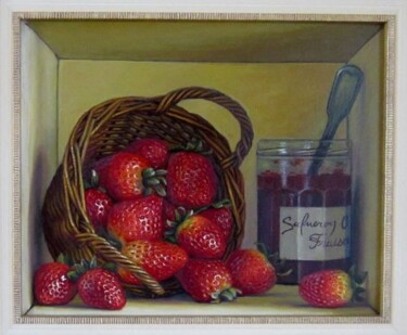 Painting titled "Confiture de fraises" by Catherine Salmeron, Original Artwork, Oil Mounted on Wood Stretcher frame