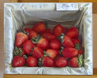Schilderij getiteld "Les fraises" door Catherine Salmeron, Origineel Kunstwerk, Olie Gemonteerd op Frame voor houten brancard