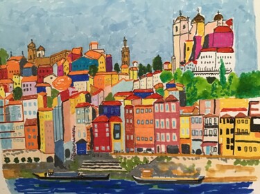 Drawing titled "Le port de PORTO (P…" by Catherine Souet Bottiau, Original Artwork, Marker