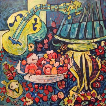 Painting titled "Cherries and Ukulel…" by Catherine Stroud, Original Artwork, Acrylic