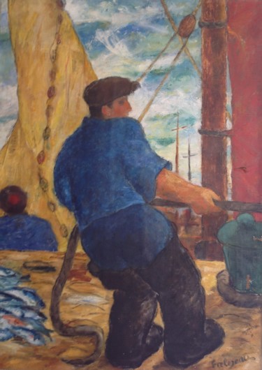 Peinture intitulée "Mari affairé à quai" par Jean Frelezeau, Œuvre d'art originale, Huile