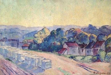 Peinture intitulée "Village" par Jean Frelezeau, Œuvre d'art originale, Huile