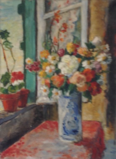 Peinture intitulée "Bouquet à la fenêtre" par Jean Frelezeau, Œuvre d'art originale, Huile