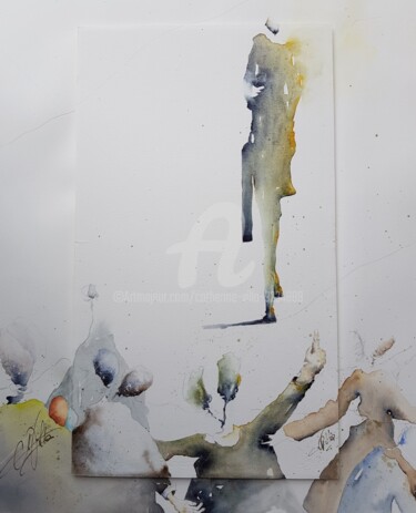 Painting titled "''Regarde.... Il s'…" by Catherine Villa, Original Artwork, Watercolor Mounted on Cardboard