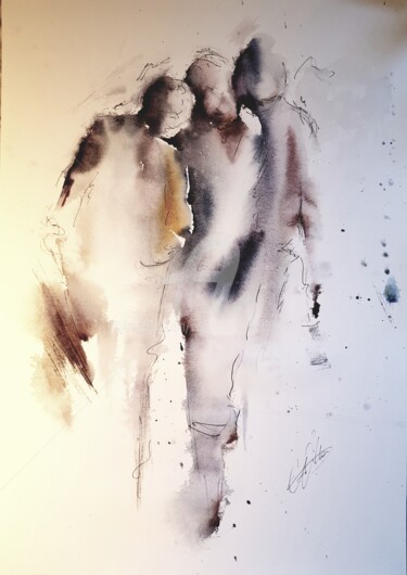 Painting titled ""L'OUTRE-SOI"" by Catherine Villa, Original Artwork, Watercolor Mounted on Wood Panel