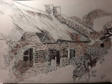 Drawing titled "Chaumière Bretagne" by Catherine Willaumez, Original Artwork, Ink