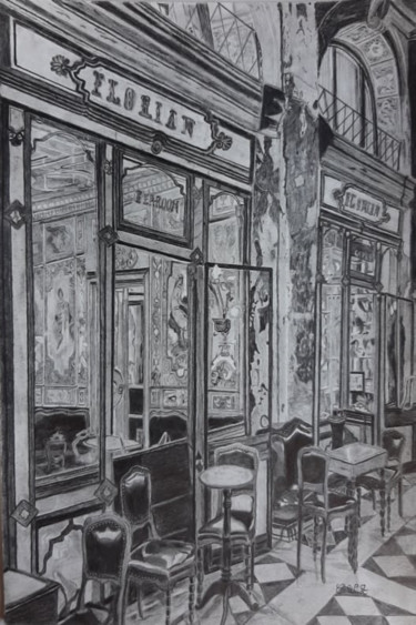 Zeichnungen mit dem Titel "Caffè Florian" von Catherine Willaumez, Original-Kunstwerk, Bleistift