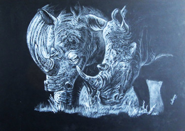 Desenho intitulada "Our precious Rhinos" por Catherine, Obras de arte originais, Lápis