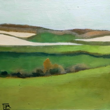 Painting titled "Paysage2" by Catherine Cazaentre, Original Artwork, Oil Mounted on Wood Stretcher frame