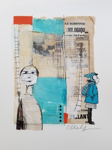 Collages titled "Fillette bleue" by Catherine Chalifoux, Original Artwork, Collages Mounted on Other rigid panel