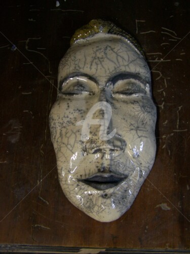 Sculpture titled "visage masqué" by Catherine Demaugé Bost, Original Artwork, Ceramics Mounted on Wood Stretcher frame