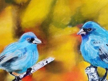 Malerei mit dem Titel "les oiseaux bleus" von Catherine Maury, Original-Kunstwerk, Öl