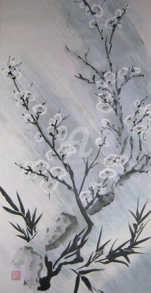 Painting titled "Fleurs de prunier..." by Catherine Mondoux (4INE), Original Artwork, Ink