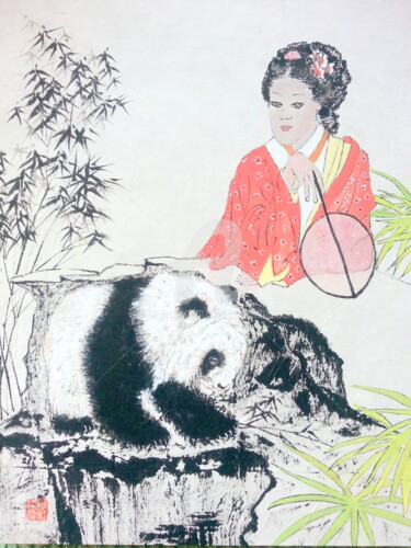 Peinture intitulée "La dame au panda..." par Catherine Mondoux (4INE), Œuvre d'art originale, Encre
