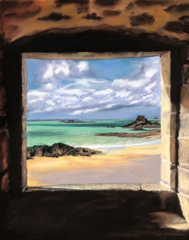 Painting titled "Carré d'émeraude" by Catherine Porée, Original Artwork, Pastel Mounted on Glass