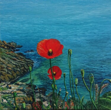 Painting titled "Coquelicot lunaire" by Catherine Porée, Original Artwork, Oil Mounted on Wood Stretcher frame