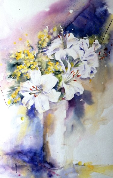 Painting titled "Golden flowers" by Catherine Rey, Original Artwork, Watercolor