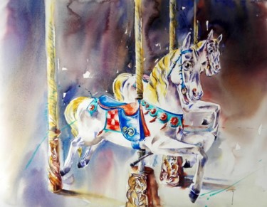 Painting titled "Tour de manège" by Catherine Rey, Original Artwork, Watercolor