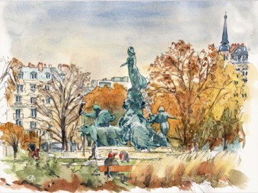 Peinture intitulée "Place de la Nation…" par Catherine Rossi, Œuvre d'art originale, Aquarelle