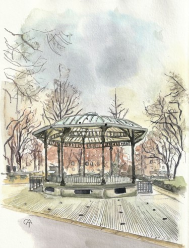 Painting titled "Kiosque sans fête" by Catherine Rossi, Original Artwork, Watercolor