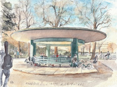 Peinture intitulée "Kiosque? L'homme à…" par Catherine Rossi, Œuvre d'art originale, Aquarelle