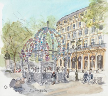 Painting titled "Le kiosque des Noct…" by Catherine Rossi, Original Artwork, Watercolor