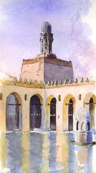 Peinture intitulée "Cour mosquée El-Hak…" par Catherine Rossi, Œuvre d'art originale