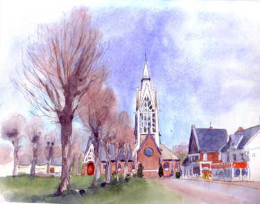 L'église de Vermand, la Poste (architecte Jean Charavel) et le café des Tilleuls Peinture intitulée "L'église de Vermand…" par Catherine Rossi, Œuvre d'art originale