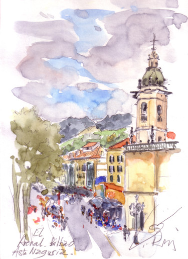 Ζωγραφική με τίτλο "Bilbao, plaza Arria…" από Catherine Rossi, Αυθεντικά έργα τέχνης