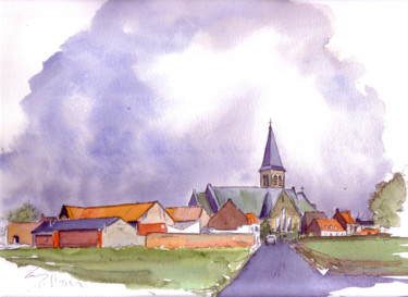 Painting titled "Néchin, l'église" by Catherine Rossi, Original Artwork