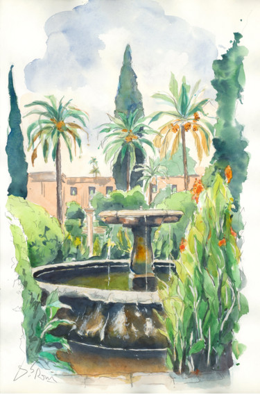 Painting titled "Séville, les jardin…" by Catherine Rossi, Original Artwork, Watercolor