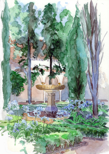 Painting titled "Patio bleu de l'Alh…" by Catherine Rossi, Original Artwork, Watercolor